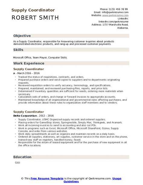 Supply Coordinator Resume Samples Qwikresume