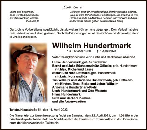 Traueranzeigen Von Wilhelm Hundertmark Trauer Wlz Online De