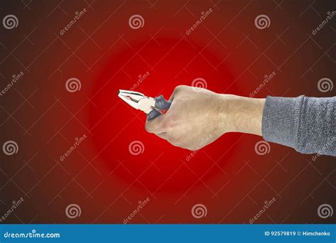 Man`s Hand Holding A Pliers Stock Image Image Of Holding Hand 92579819