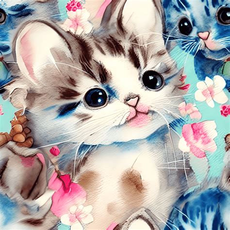 Watercolor Kittens And Mice Seamless Pattern · Creative Fabrica