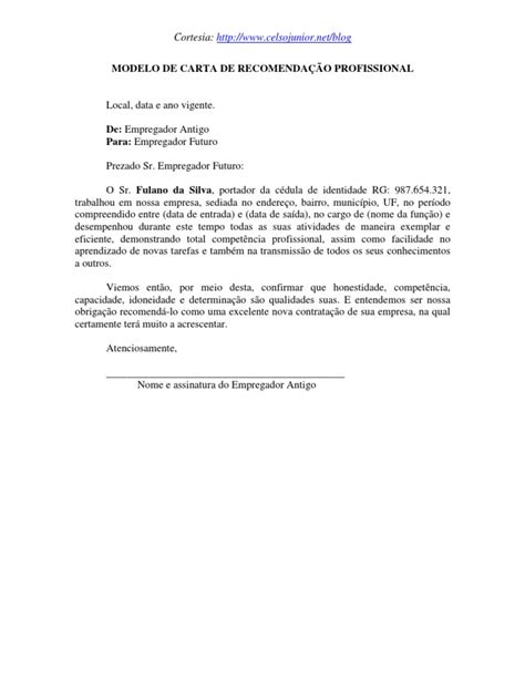 Exemplo De Carta De Recomendação Profissional Novo Exemplo