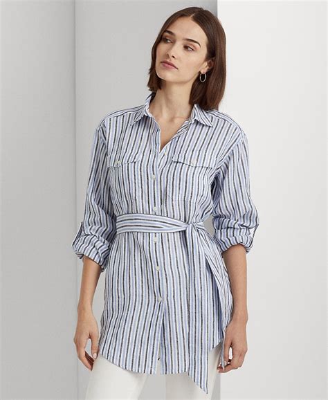 Lauren Ralph Lauren Womens Striped Belted Linen Shirt Macys