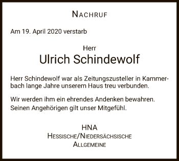 Traueranzeigen Von Ulrich Schindewolf Trauer Hna De