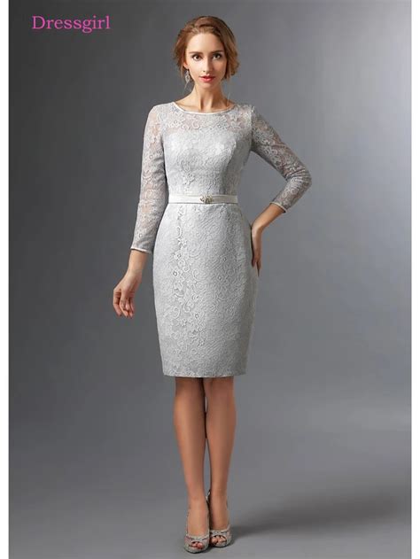 Silver 2019 Mother Of The Bride Dresses Sheath 3 4 Sleeves Lace Knee