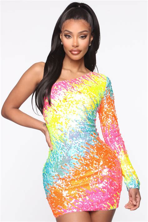 The Ella Sequin One Shoulder Mini Dress Multi Color Fashion Nova