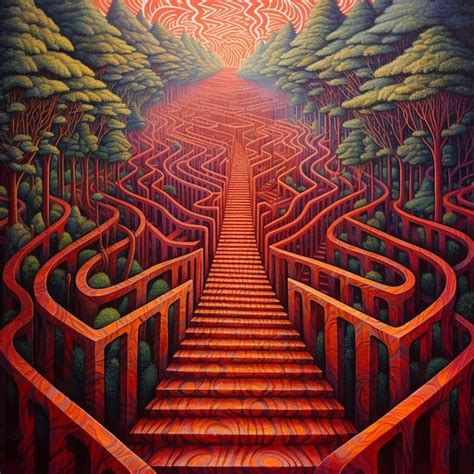 Premium Photo Painting Of A Stairway Leading To A Maze With Trees And