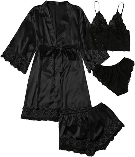 SkyAuks Pcs Women S Floral Lace Trim Cami Lingerie Satin Pajama Set Sleepwear With Robe