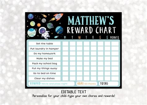 Editable Space Reward Chart Astronaut Galaxy Rocket Ship Etsy