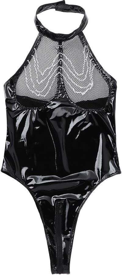 Iiniim Women Wetlook Patent Leather Halter Neck Fishnet See Through