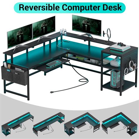 Sikaic L Shaped Reversible LED Gaming Desk Black