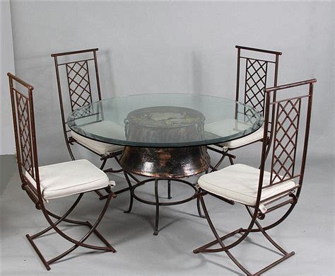 Lot Modern Glass Dining Table With Copper Base And Four Coordinating