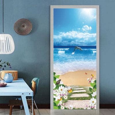 D Sea View Beach Door Stickers Home Decoration Pvc Wallpaper Bedroom