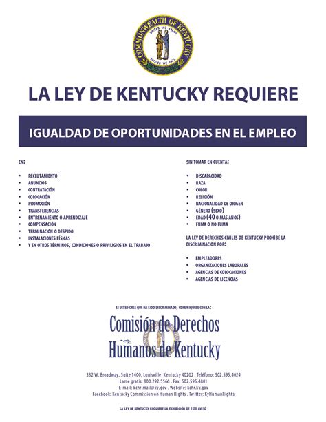 Free Kentucky Kentucky Equal Opportunity Spanish Labor Law Poster 2024