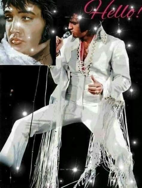 Elvis Presley In White Suit And Fringes With Words Hello On Black