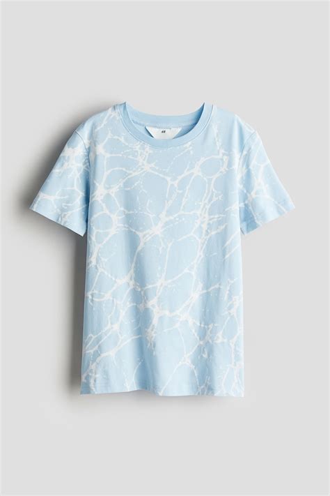 Printed Cotton T Shirt Round Neck Short Sleeve Light Blue Marbled