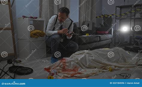 Middle Aged Detective Man Analyzing Evidence At Indoor Crime Scene With