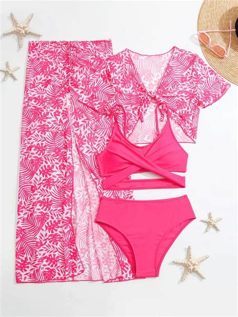 SHEIN Conjunto de Maiô Bikini Estampa Tropical e Cobertura Cruzada