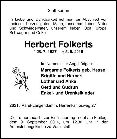 Traueranzeigen Von Herbert Folkerts Nordwest Trauer De