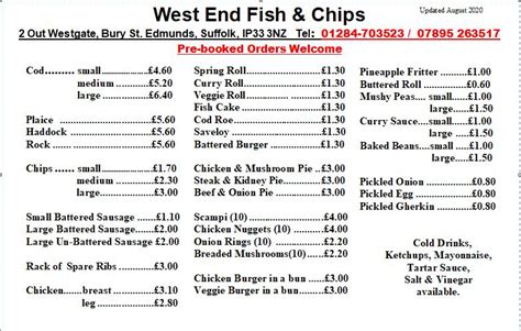 Menu At West End Fish And Chips Fast Food Bury Saint Edmunds