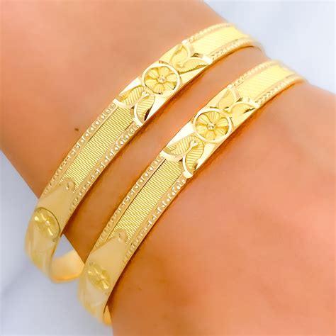 Attractive Etched Flower Accented 22k Gold Bangles Andaaz Jewelers