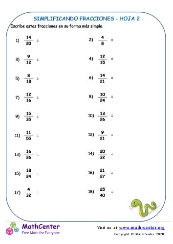 Simplificando Fracciones Hoja Hojas De Trabajo Math Center