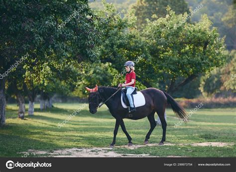 Cute Young Rider On Horseback Enjoying Horse Riding At Summer Garden