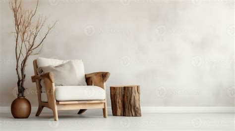 Modern living room with rustic natural wood log armchair and empty wall ...