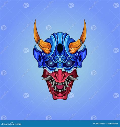 Hannya Mask Red Half Blue And Horns On His Head With Japanese Style