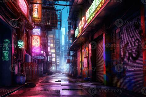 City Alleyway With Neon Lights Night View Of A Quiet Street