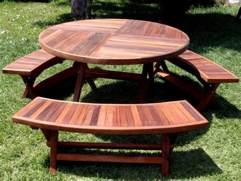 Outdoor Round Wooden Picnic Tables With Umbrella Hole And Detached Benches Ideas Round Picnic