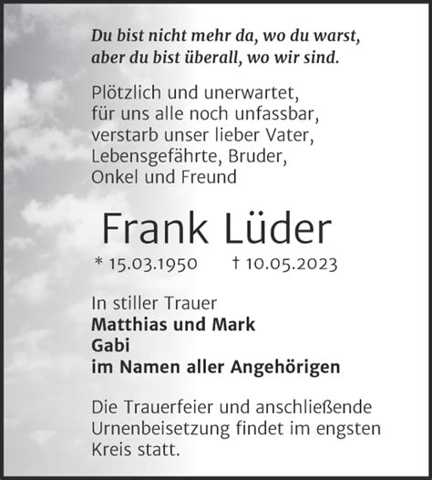 Traueranzeigen Von Frank L Der Abschied Nehmen De