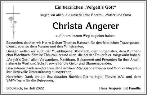 Traueranzeigen Von Christa Angerer Augsburger Allgemeine Zeitung