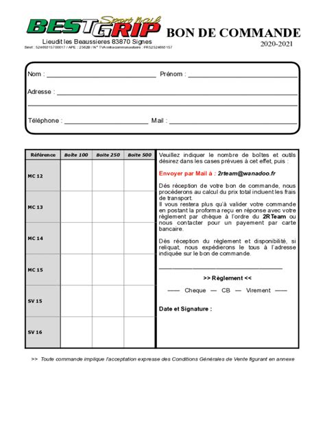 Fillable Online Bon De Commande Best Grip 20 21 Rallye Fax Email Print