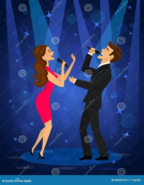 Elegant Couple Singing Karaoke On Stage In Club Stock Vector