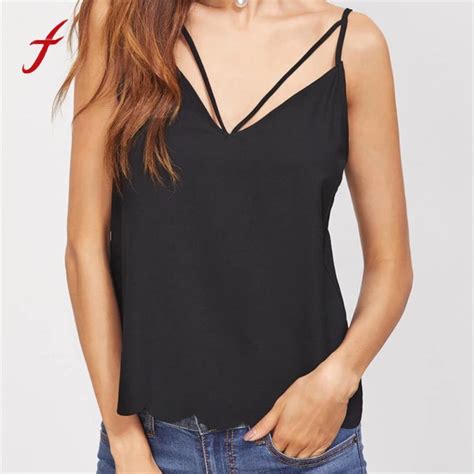 Buy Feitong Black Strappy Tops Sexy Black Fluffy Tank