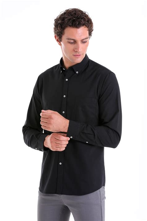 Siyah Comfort Fit Düz 100 Pamuk Düğmeli Yaka Uzun Kollu Casual Oxford