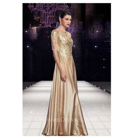 Bateau Neck Long Gold Shinning Chiffon Sequin Beaded Modest Evening