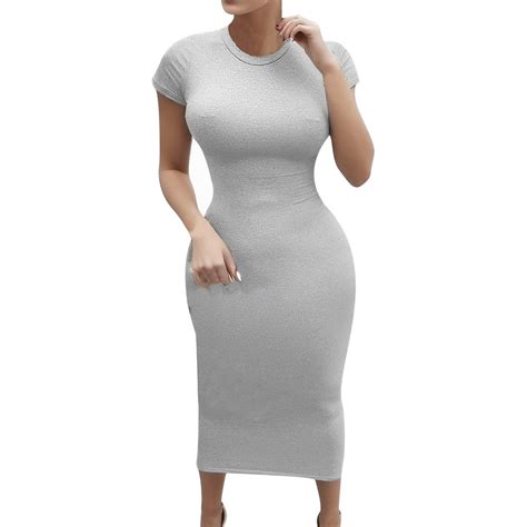 Dvkovi Women Plain Sexy Crew Neck Pencil Dress Short Sleeve Bodycon