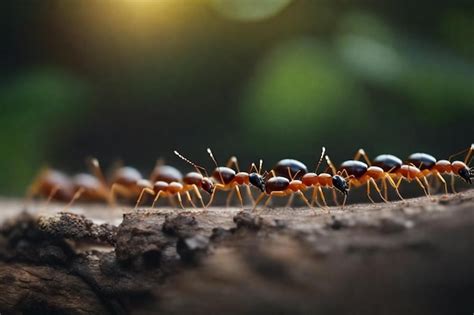 Premium Photo | A line of ants are walking on a tree trunk