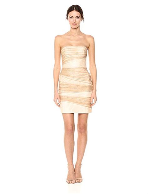 Halston Heritage Womens Strapless Fitted Layered Dress Champagne Gold