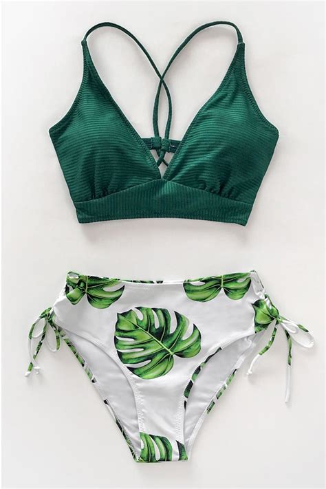 Green And Leafy Print Lace Up Bikini