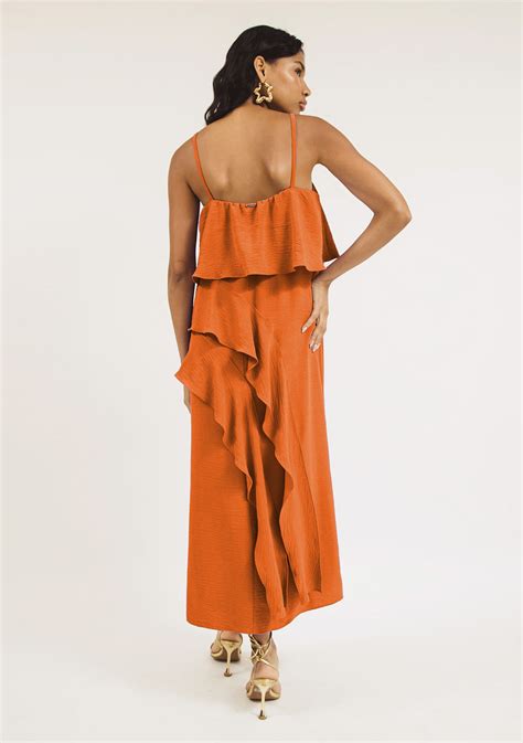 Vestido Zinco Midi Decote Reto Com Babado Laranja