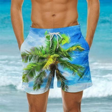 Poteti Mens Swim Shorts Quick Dry Tropical Print Hawaiian Vacation