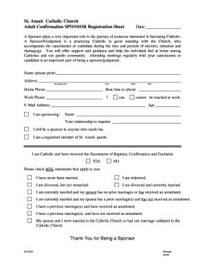 Fillable Online Confirmation Sponsor Form Saint Anne S Parish Fax