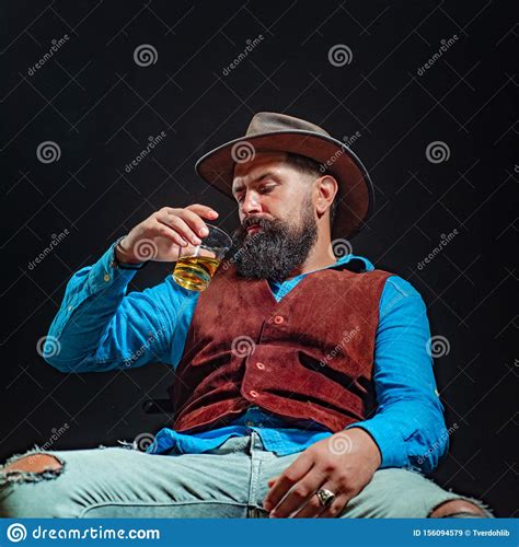 Man With Beard Holds Glass Brandy Bad Habit Alcohol Addiction