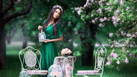 Women Park Women Outdoors Long Hair Chair Nature Flowers Wreaths Blossom Green Dress