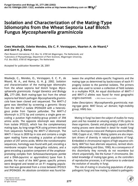 Pdf Isolation And Characterization Of The Mating Type Idiomorphs From