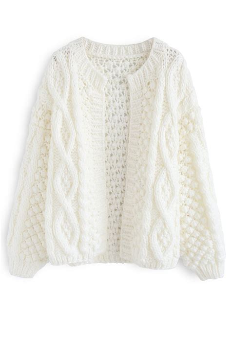 Cardigan En Tricot Torsadé Matelassé Blanc En Blanc Retro Indie And