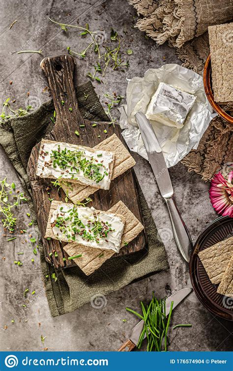 Delicious Fresh Cheese With Herbs On Crispbread Stock Photo Image Of