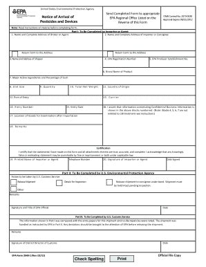 Fillable Online EPA Form 3540 1 Notice Of Arrival Of Pesticides